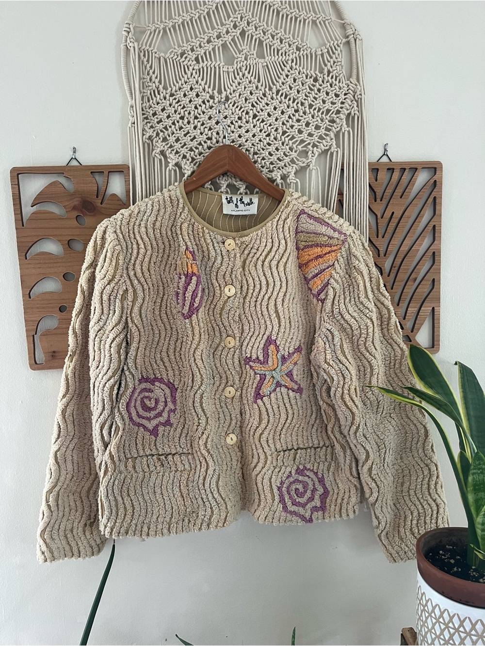 Vintage Chenille Textured Seashell Motif Cardigan Jacket